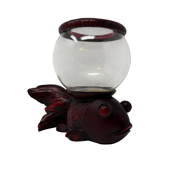 Japanese Fish Bowl Sculpture – Vintage Resin Wood Look Koi Planter Unique Decor - Picture 4 of 10